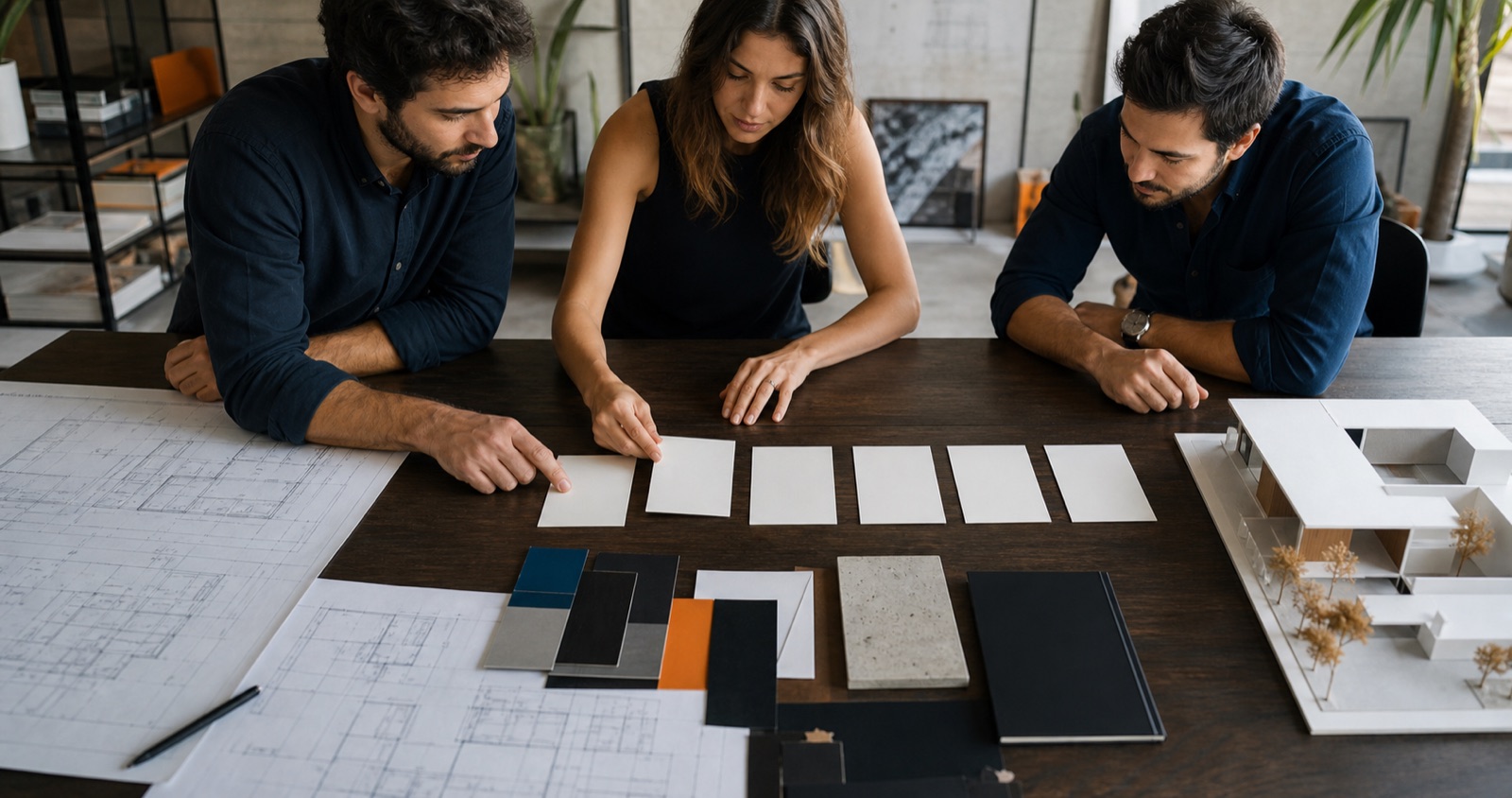 Equipe de arquitetura organizando etapas comerciais em cartões sobre mesa de projetos