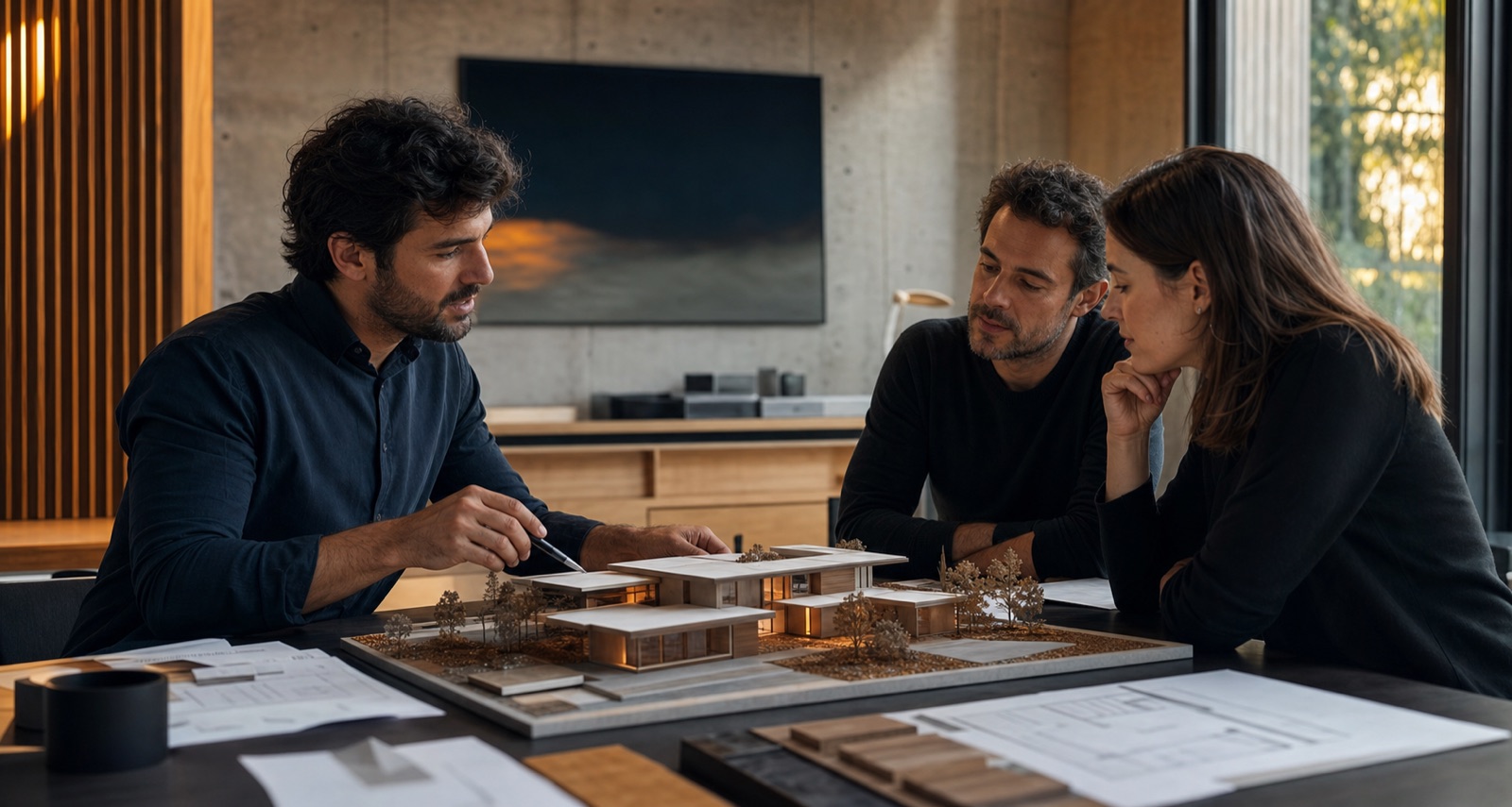Arquiteto apresentando maquete autoral a clientes em reunião de projeto