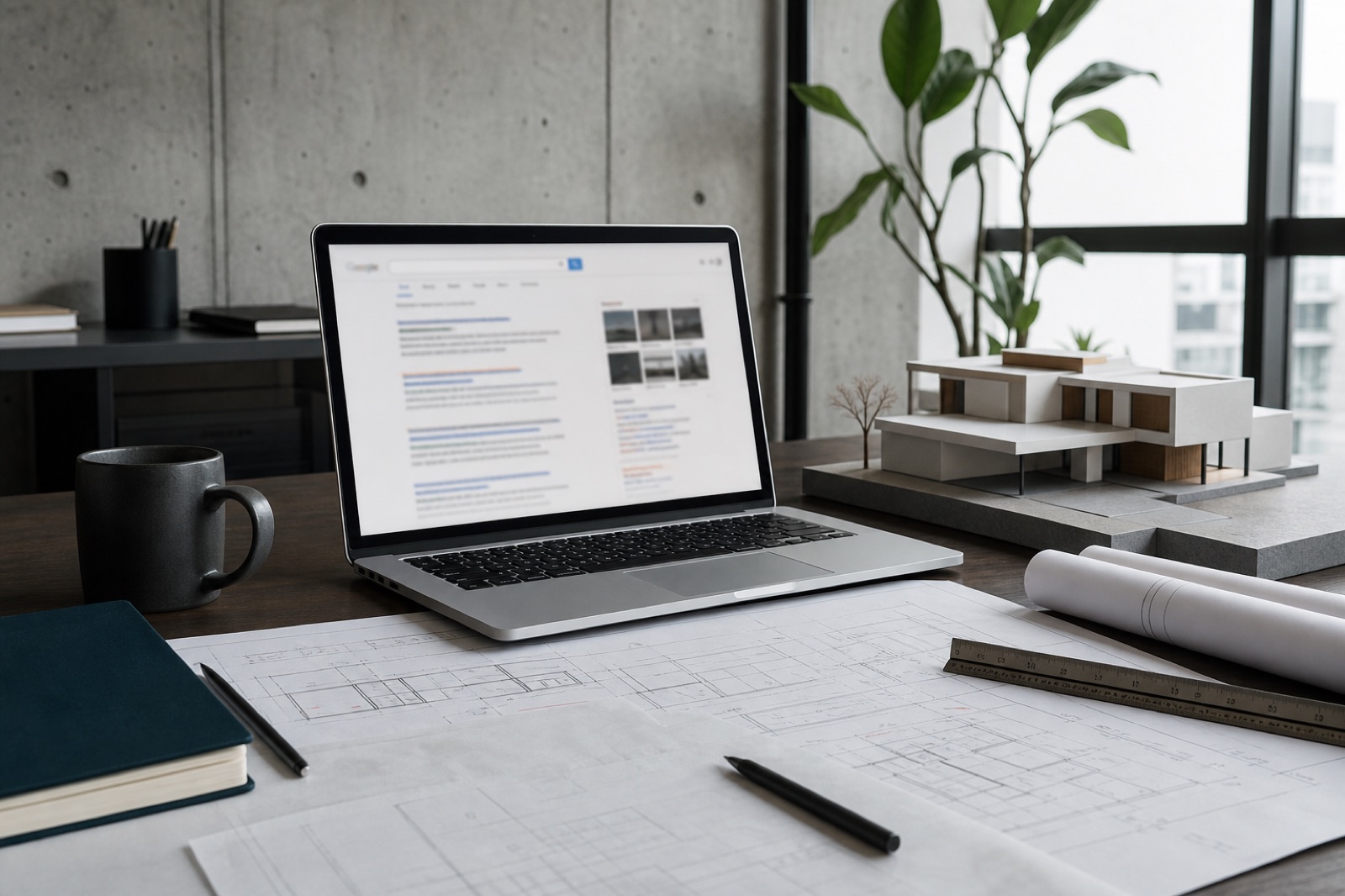 Notebook com resultados de busca ao lado de plantas e maquete de arquitetura