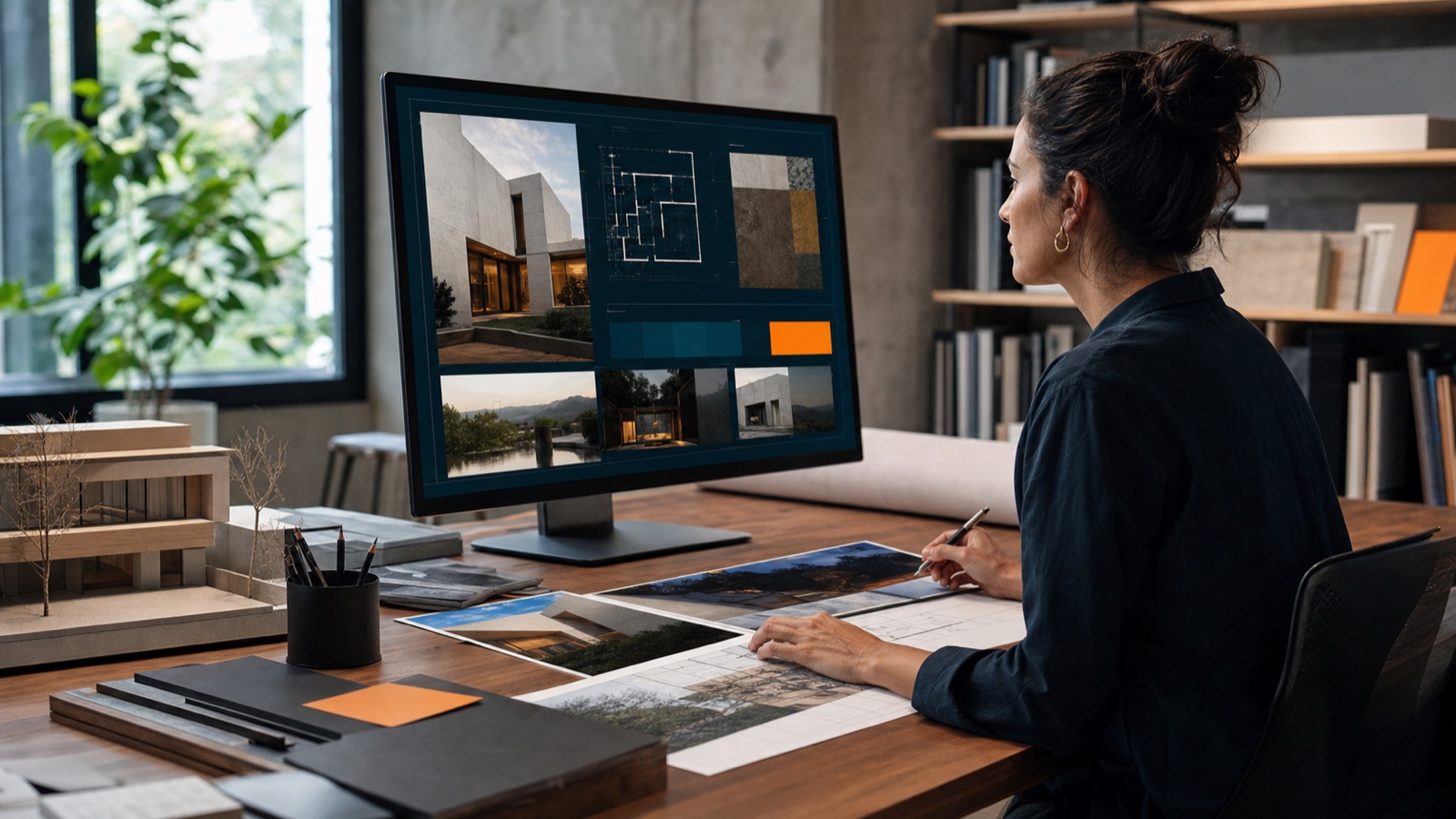 Arquiteta revisando site e apresentação de projetos em monitor no escritório