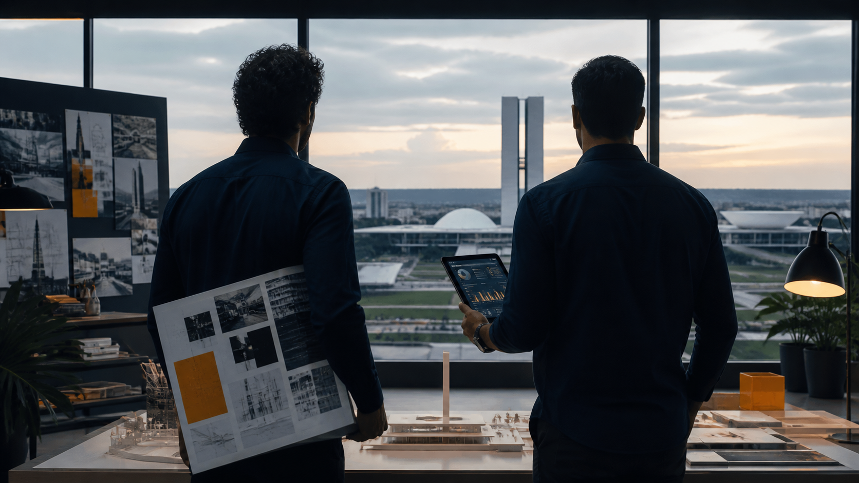 Representação editorial de dois líderes da Agência Moving Creative em Brasília sem exibir rostos