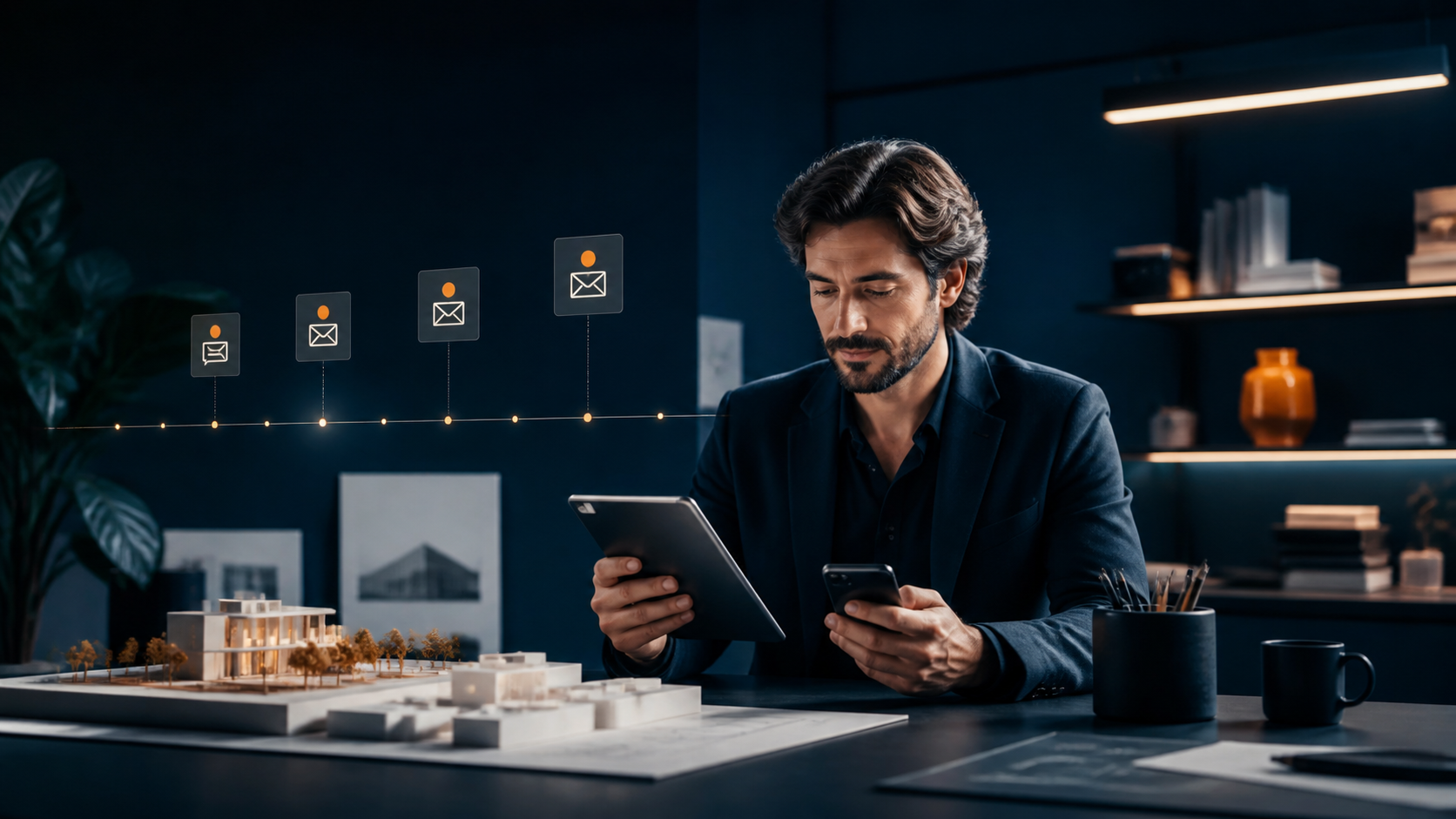 Arquiteto acompanhando follow-up de leads de arquitetura em tablet e celular