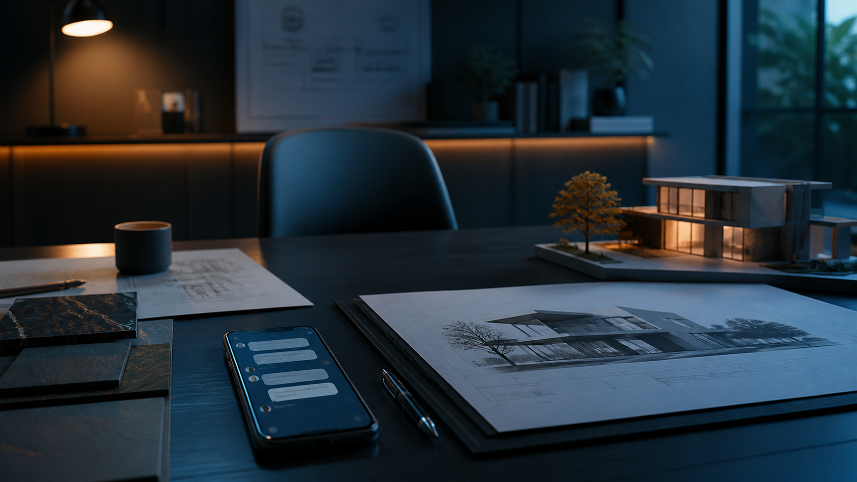 Mesa de arquitetura com proposta e mensagens de lead sem resposta