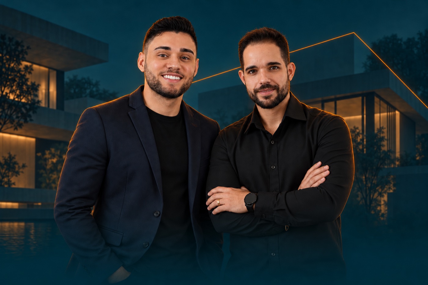 Composição editorial com Lucas Moura e Apolo Bermudes, mentores do Moving Lab, criada com IA a partir de seus retratos