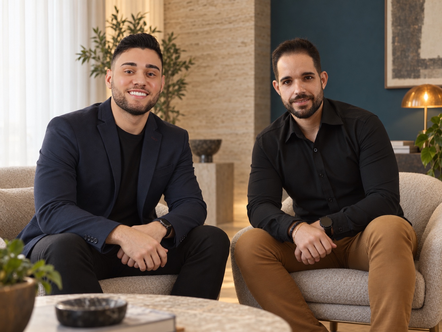 Retrato editorial de Lucas Moura e Apolo Bermudes criado com IA a partir de fotografias dos fundadores